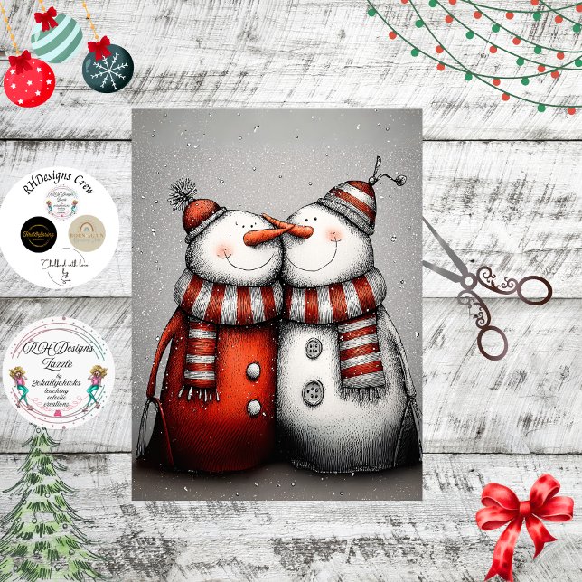 Papier Mousseline Decoupage Snowman Pair Red Hats Scarves  (Créateur téléchargé)