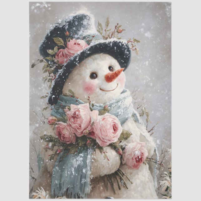 Papier Mousseline Decoupage Snowman with Pink Roses (Recto)