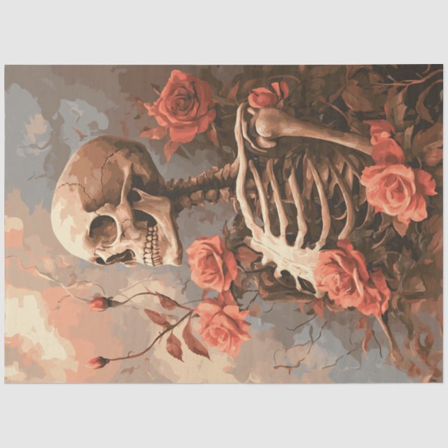 Papier Mousseline Découpage Squelette gothique Entouré Roses de pêch (Recto)