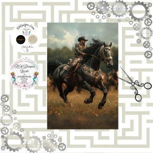 Papier Mousseline Découpage Steampunk Cowboy Cheval Rodeo