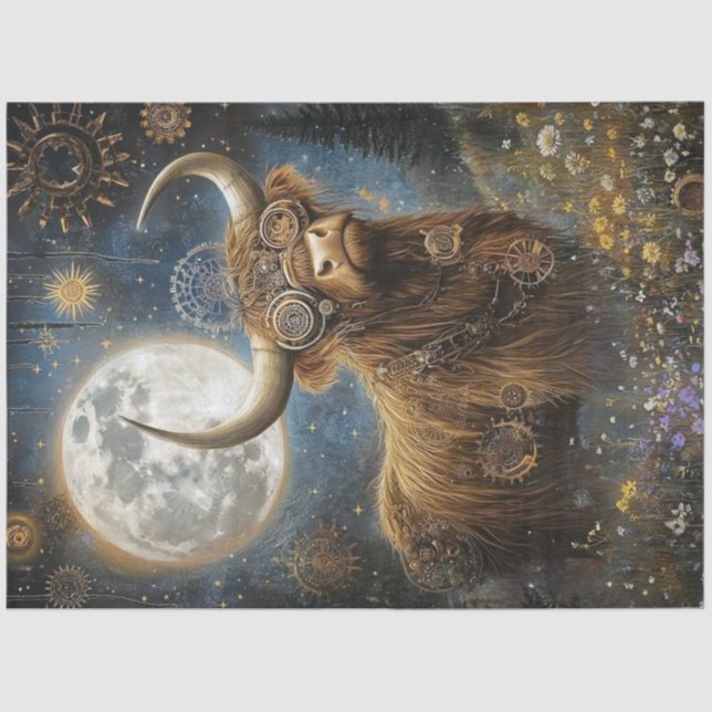 Papier Mousseline Découpage Steampunk Highland Cow & Moon (Recto)
