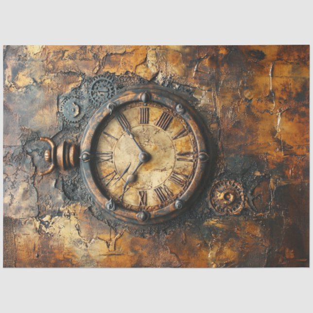 Papier Mousseline Découpage Steampunk Patina Horloge romaine rouillé (Recto)