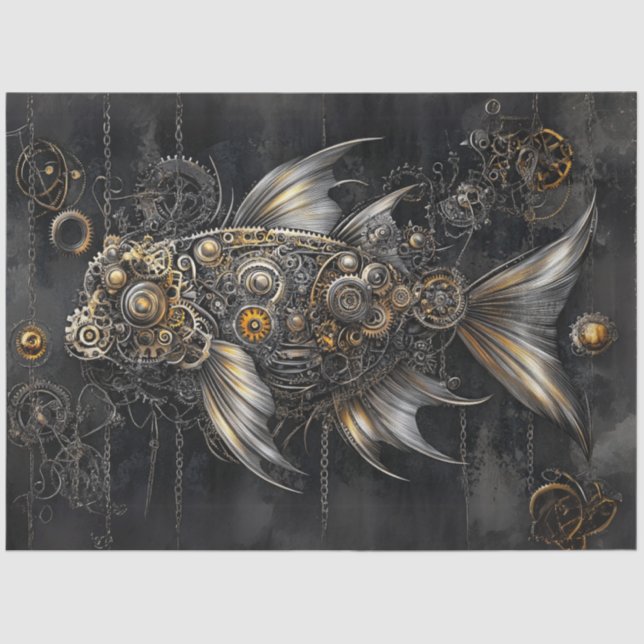 Papier Mousseline Découpage Steampunk Poisson Argent Or Metallic (Recto)