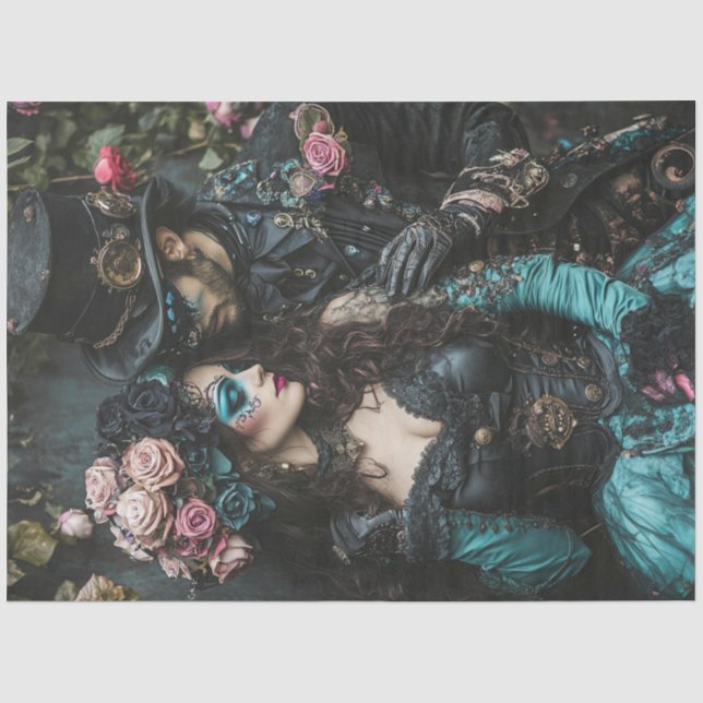 Papier Mousseline Découpage Steampunk Valentine Couple Turquoise Noi (Recto)