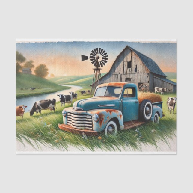 Papier Mousseline decoupage tissue paper avec truck ancien, decoupag (Recto)
