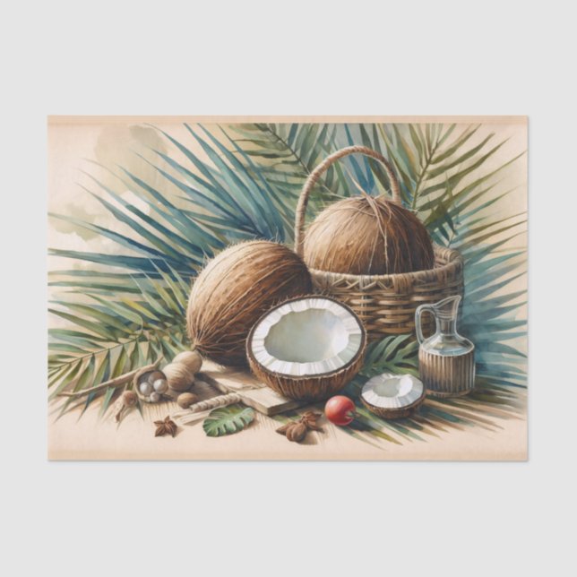 Papier Mousseline Découpage tropical de noix de coco aquarelle (Recto)