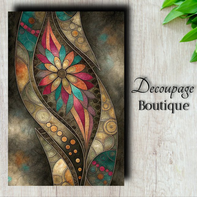 Papier Mousseline Découpage Turquoise Art Nouveau Floral Or (Art Nouveau Floral Decoupage Tissue Paper)
