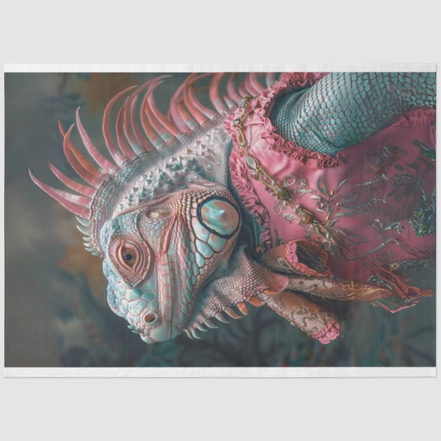 Papier Mousseline Découpage Turquoise rose Iguana (Recto)
