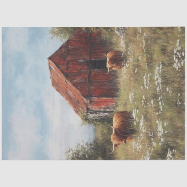 Papier Mousseline Découpage Vaches des Highlands dans une grange rus (Recto)