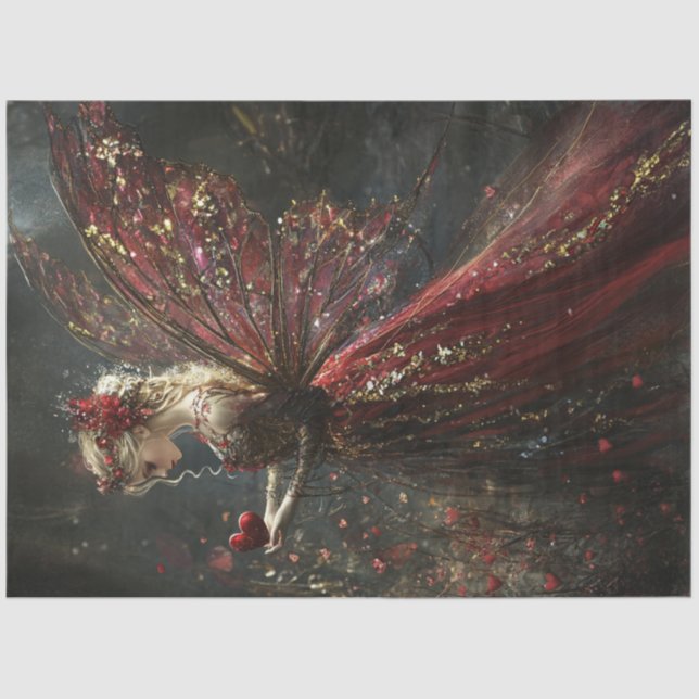 Papier Mousseline Découpage Valentine Blonde Fée en Rouge & Or (Recto)