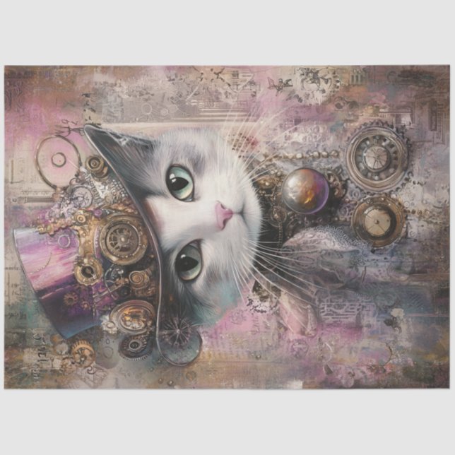 Papier Mousseline Découpage Victorian Steampunk Chat rose (Recto)