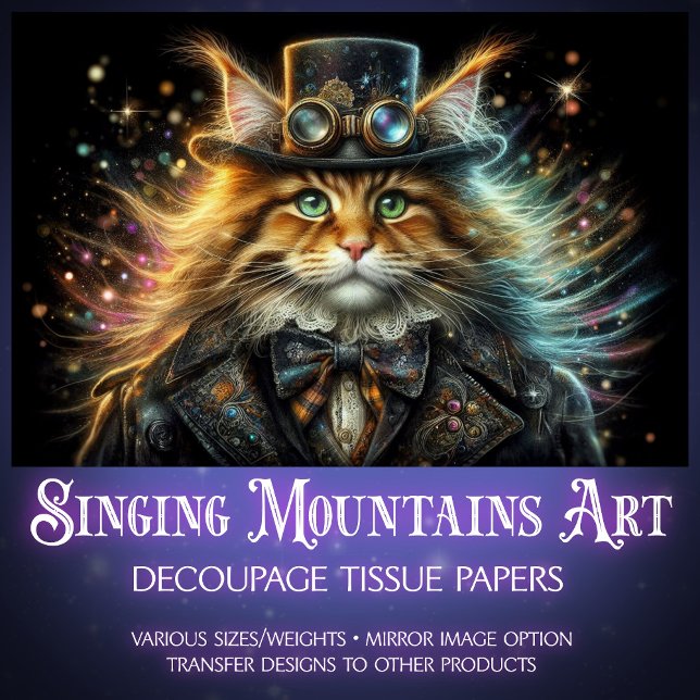 Papier Mousseline Découpage vintage Maine Coone Whimsical Steampunk (Créateur téléchargé)