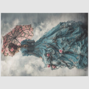 Papier Mousseline Découpage Vintage Sud Dame Turquoise parapluie