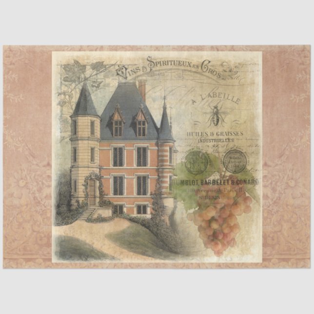Papier Mousseline Découpage viticole du Château français vintage (Recto)