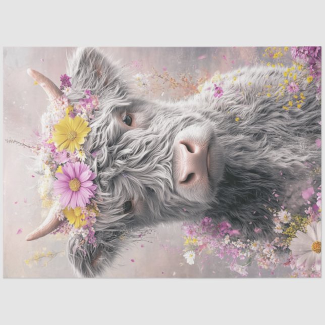 Papier Mousseline Découpage Whimsal Highland Cow Floral Crown (Recto)