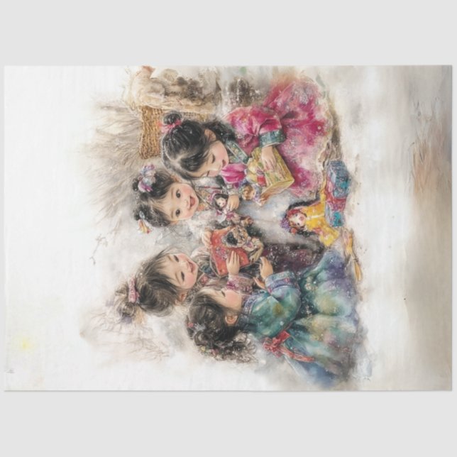 Papier Mousseline Découpage Whimsical 4 Enfants Coréens Jouant (Recto)