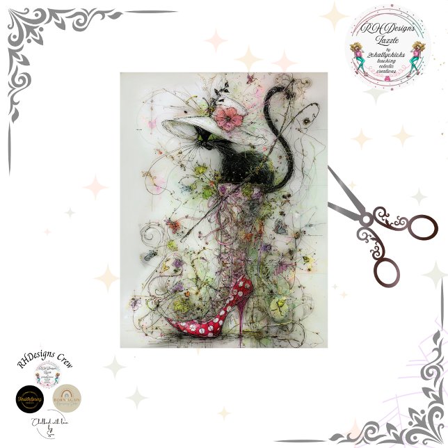 Papier Mousseline Decoupage Whimsical Black Cat Stiletto's Catwalk  (Créateur téléchargé)