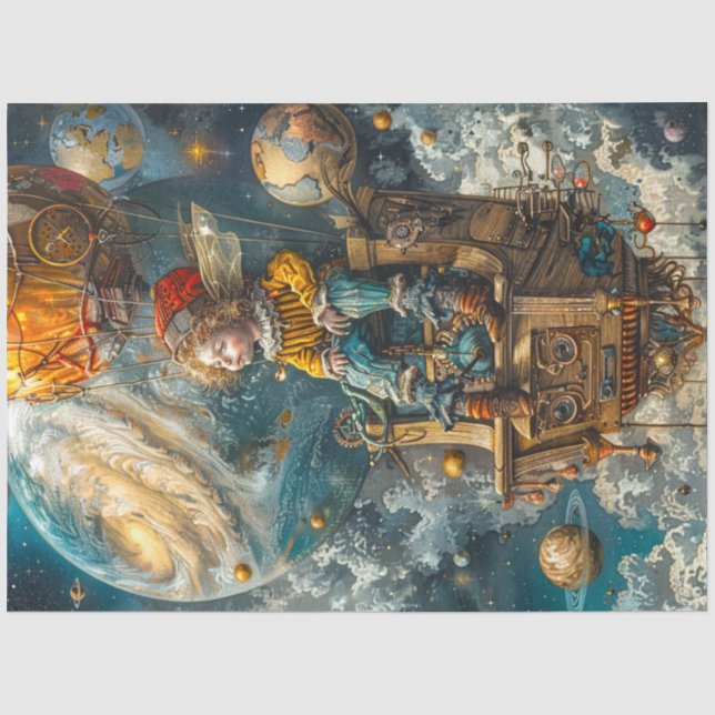 Papier Mousseline Découpage Whimsical Boy Riding in Hot Air Balloon (Recto)