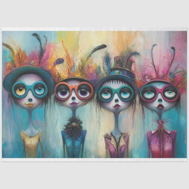 Papier Mousseline Découpage Whimsical Feathered Foursome Dames (Recto)