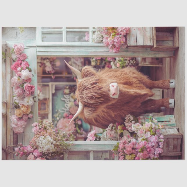 Papier Mousseline Découpage Whimsical Highland Cow Rose Flower Shop (Recto)