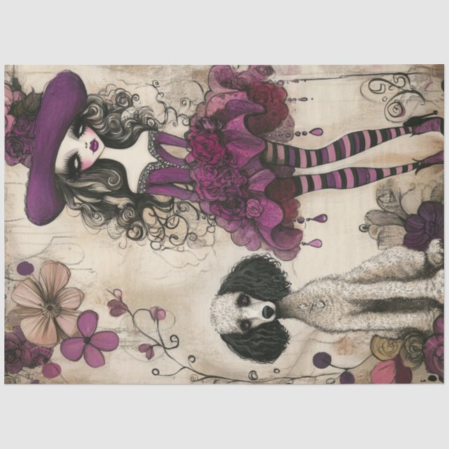 Papier Mousseline Découpage Whimsical Little Purple Girl & Poodle (Recto)