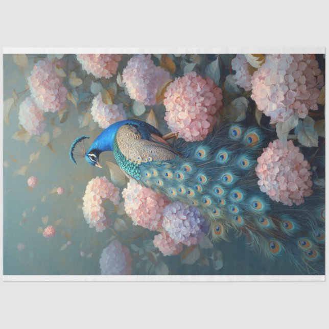 Papier Mousseline Découpage Whimsical Peacock rose Hydrangea Fleurs (Recto)