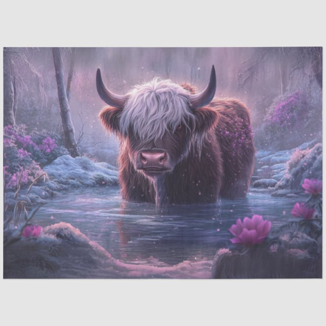 Papier Mousseline Découpage Whimsical Pinkish Hue Highland Cow Pond (Recto)