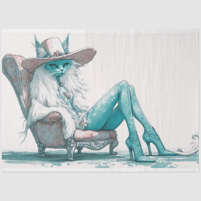 Papier Mousseline Découpage Whimsical Turquoise Chat blanc dans une  (Recto)