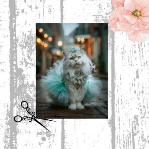 Papier Mousseline Découpe Chat Félin Blanc Tutu Sarcelle à pied