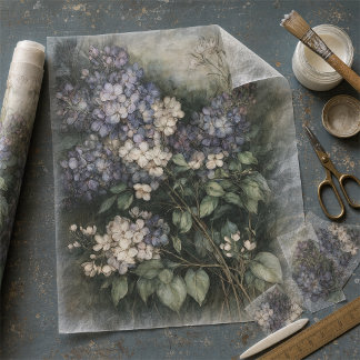 Papier Mousseline Découpe florale d'hortensia bleu et crème vintage