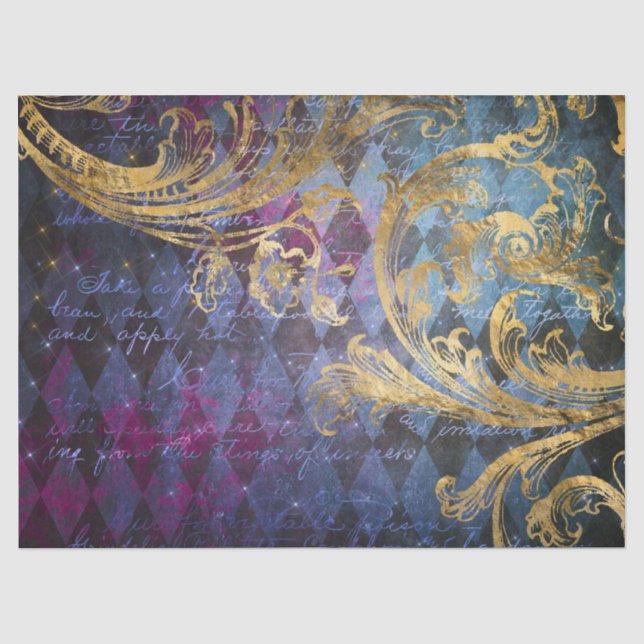 Papier Mousseline Défilement de l'or sur le découpage bleu et violet (Recto)