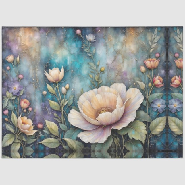 Papier Mousseline Delicate Apricot Cosmos on Teal (Recto)