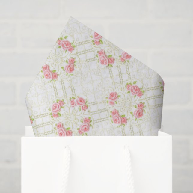 Papier Mousseline Delicate Gold Scrollwork & Pink Roses Floral (Sac cadeau)