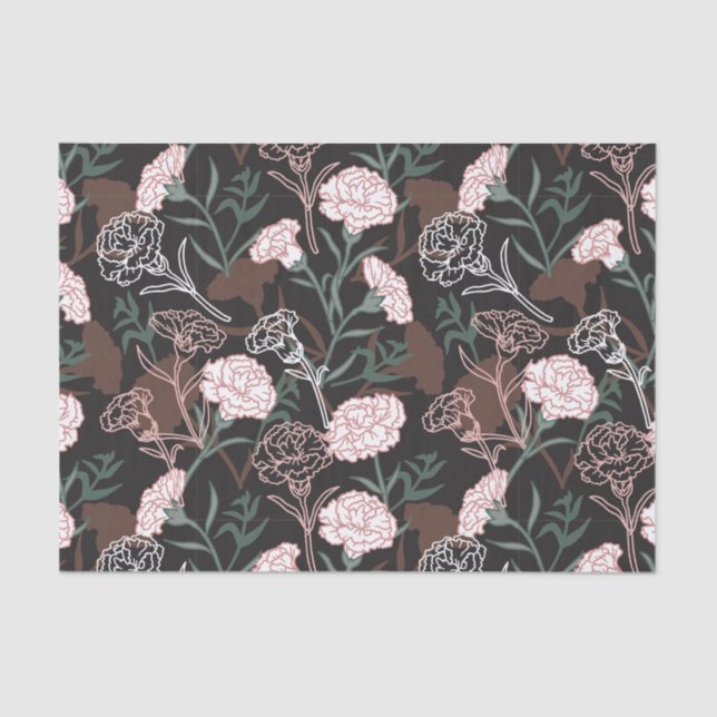 Papier Mousseline Délicates oeillets roses avec fleurs Feuilles vert (Recto)