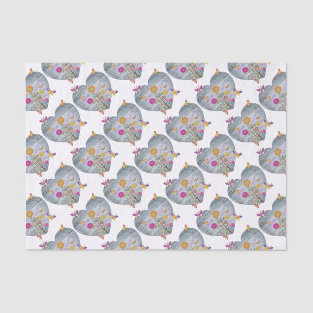 Papier Mousseline Denim Pocket Fleurs cardiaques Papillons (Recto)