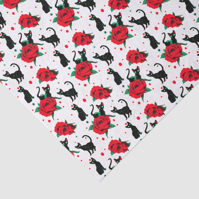 Papier Mousseline Déplaisant Cute Chats Noirs Roses Rouges Motif (Détail)