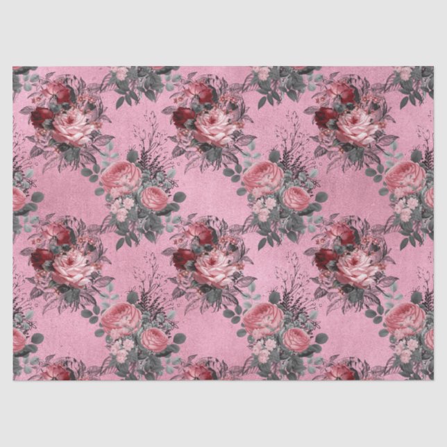 Papier Mousseline Des roses roses roses avec des Feuilles gris sur l (Recto)