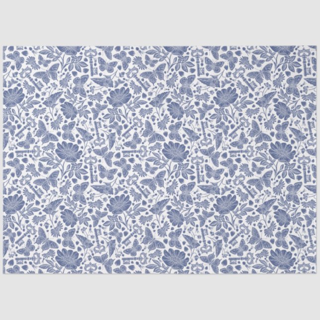 Papier Mousseline Design floral bleu avec oiseaux et papillons (Recto)