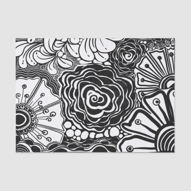 Papier Mousseline Dessin Floral Zen Noir Et Blanc (Recto)
