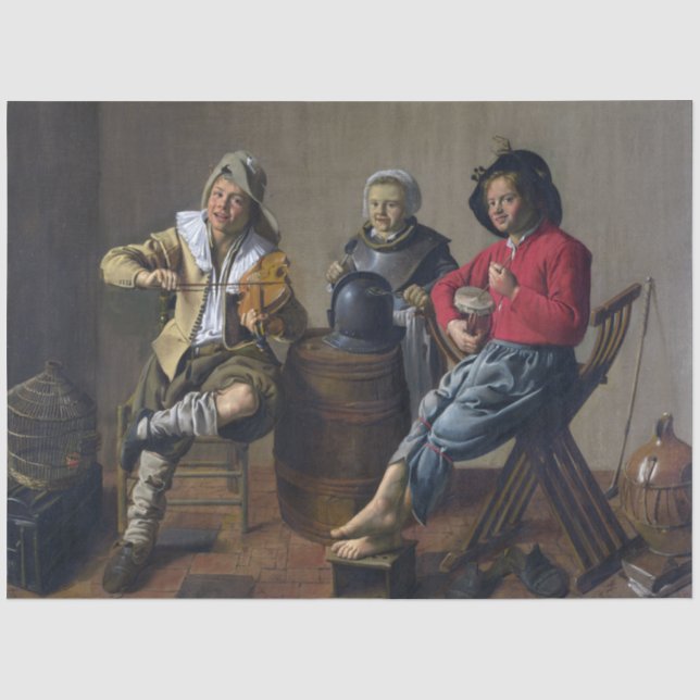Papier Mousseline Deux garçons et une fille faisant de la musique (m (Recto)