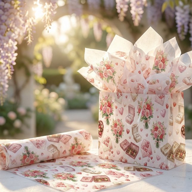 Papier Mousseline Diamond Rings, Roses & Luxury Gift Boxes Pattern (Créateur téléchargé)