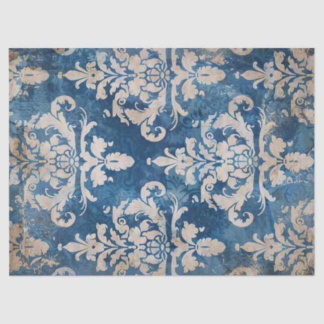 Papier Mousseline Distorsion Damask bleu et jaune (Recto)