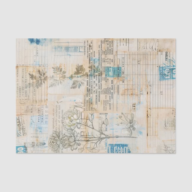 Papier Mousseline Distressed Ephemera Collage with Blue Highlights (Recto)