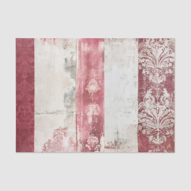 Papier Mousseline Distressed Red and White Damask Stripes (Recto)