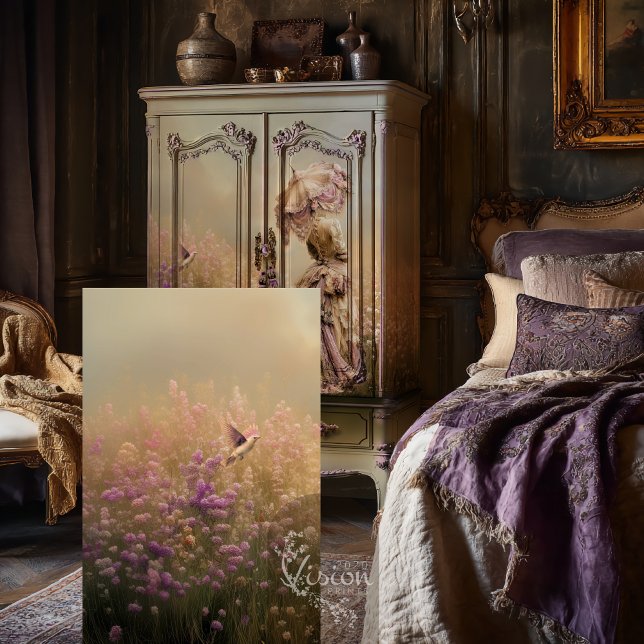 Papier Mousseline Domaine de rêve, Vol d'oiseaux, Plum Dusty Floral (Field of Dreams Dusty Violet, Bird & Floral, Ethereal Landscape, Decoupage Tissue Paper.)