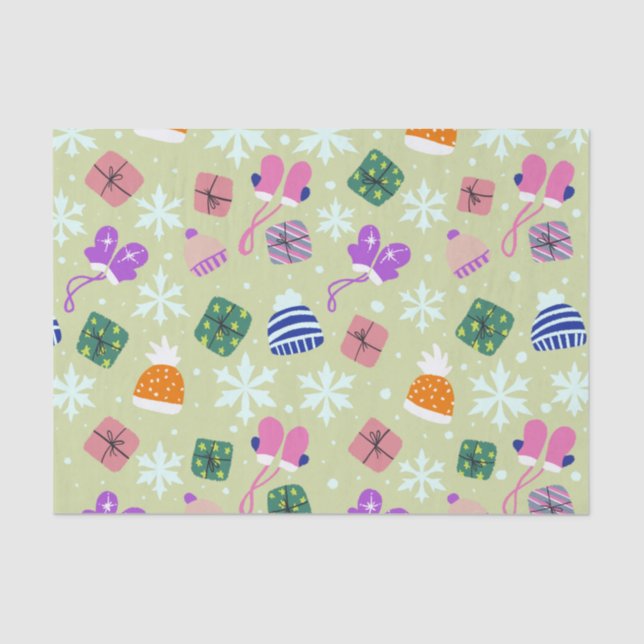 Papier Mousseline Doodle Noël Gants d'hiver Cadeaux Casquette Vert (Recto)