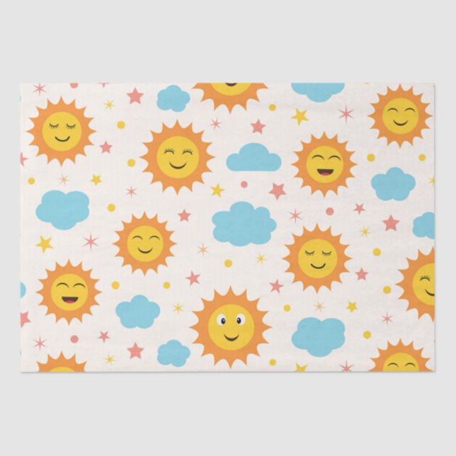 Papier Mousseline Doux soleil souriant avec nuages et étoiles Patter (Recto)