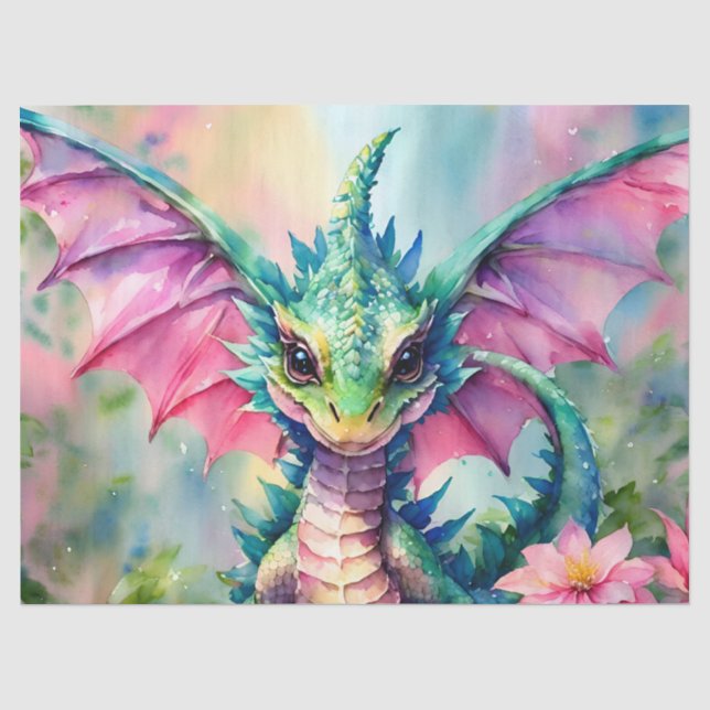 Papier Mousseline Dragon Avec Ailes Roses Aquarelle (Recto)