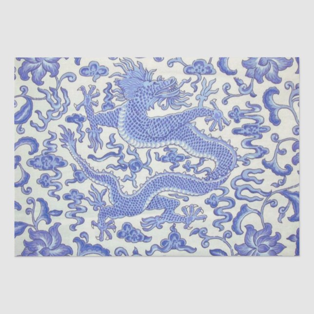 Papier Mousseline Dragon chinois bleu et blanc découpage floral (Recto)