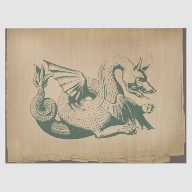 Papier Mousseline Dragon vert sur une page déformée de teint clair (Recto)